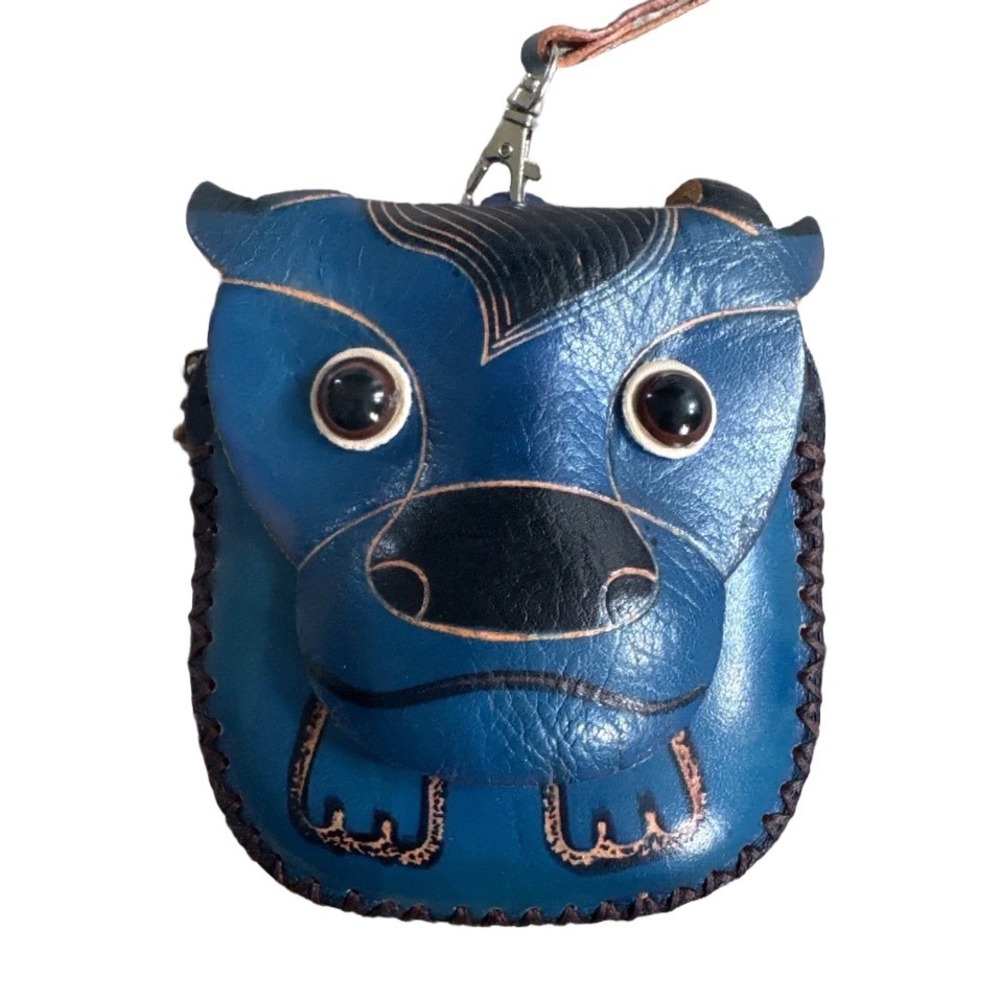 Handmade Blue Leather Animal Coin Pouch Bull Cow Wristlet Keychain Mini Bag